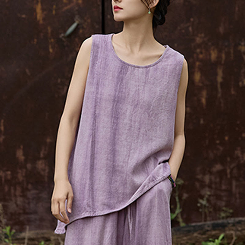 Buddha Stones Summer Tie-dye Linen Crew Neck Sleeveless Women's Vest - image 3