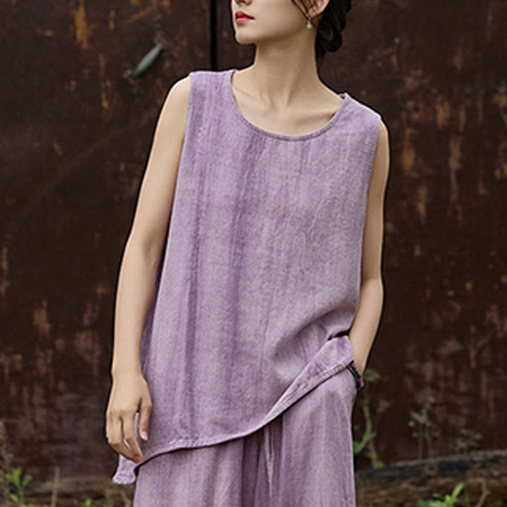 Buddha Stones Summer Tie-dye Linen Crew Neck Sleeveless Women's Vest - image 3