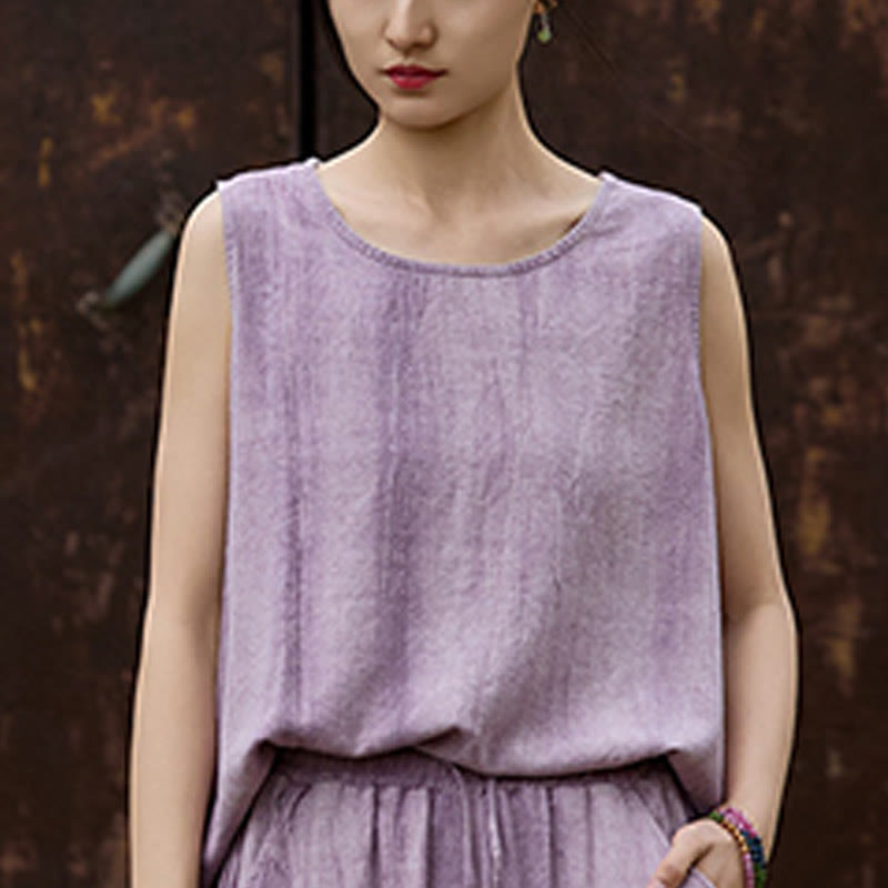 Buddha Stones Summer Tie-dye Linen Crew Neck Sleeveless Women's Vest - image 5