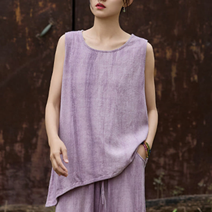 Buddha Stones Summer Tie-dye Linen Crew Neck Sleeveless Women's Vest - image 4