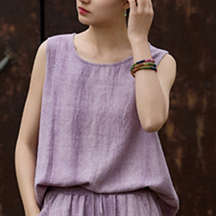 Buddha Stones Summer Tie-dye Linen Crew Neck Sleeveless Women's Vest - image 6