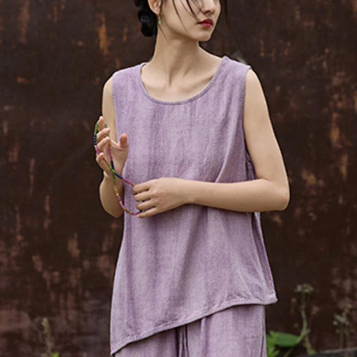 Buddha Stones Summer Tie-dye Linen Crew Neck Sleeveless Women's Vest - image 2