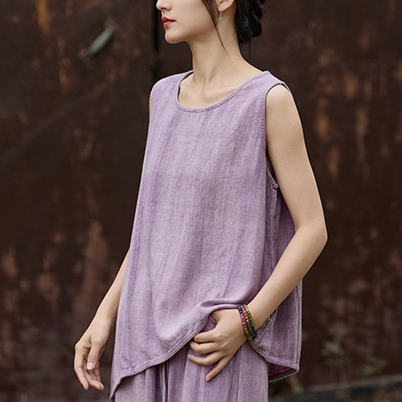 Buddha Stones Summer Tie-dye Linen Crew Neck Sleeveless Women's Vest - image 1