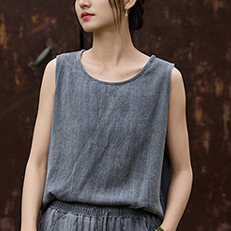 Buddha Stones Summer Tie-dye Linen Crew Neck Sleeveless Women's Vest - image 13