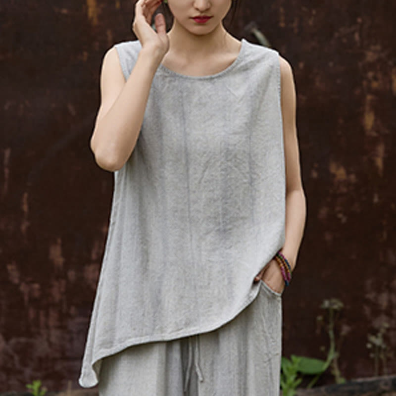 Buddha Stones Summer Tie-dye Linen Crew Neck Sleeveless Women's Vest - image 19