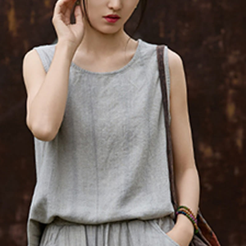 Buddha Stones Summer Tie-dye Linen Crew Neck Sleeveless Women's Vest - image 17