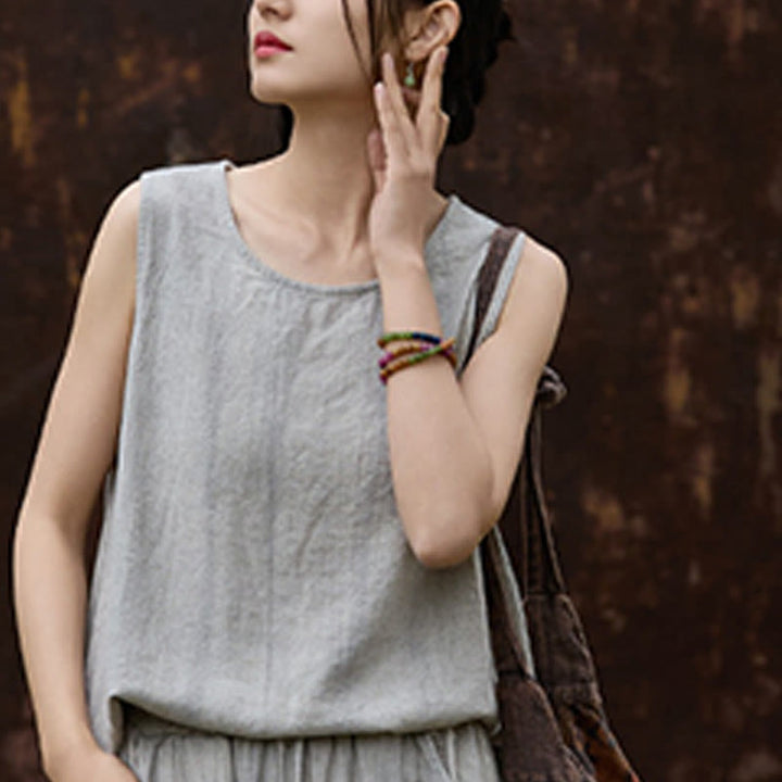 Buddha Stones Summer Tie-dye Linen Crew Neck Sleeveless Women's Vest - image 21