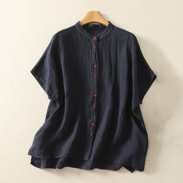 Buddha Stones Summer Plain Red Buttons Short Sleeve Women's Cotton Linen Shirt - MidnightBlue - US14,UK/AU18,EU46 (2XL) - image 0