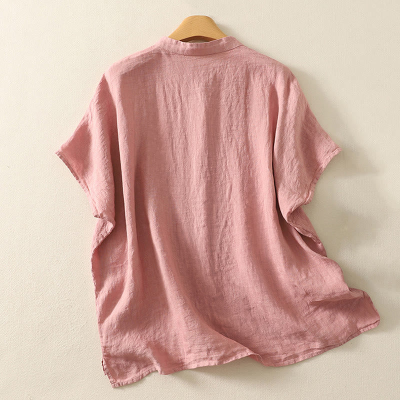 Buddha Stones Summer Plain Red Buttons Short Sleeve Women's Cotton Linen Shirt - image 5