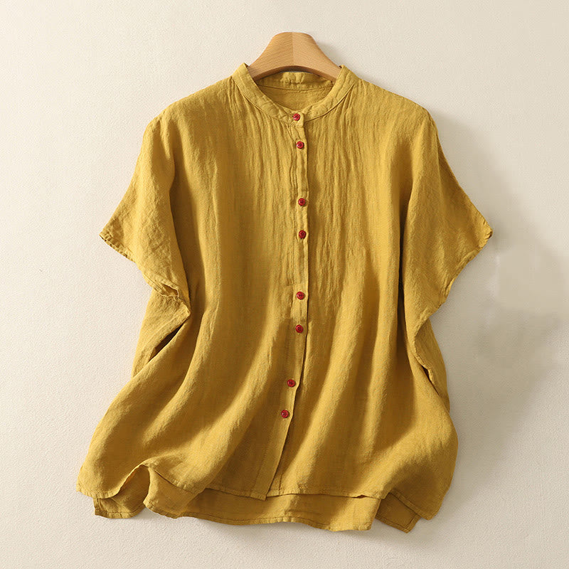 Buddha Stones Summer Plain Red Buttons Short Sleeve Women's Cotton Linen Shirt - Goldenrod - US14,UK/AU18,EU46 (2XL) - image 15