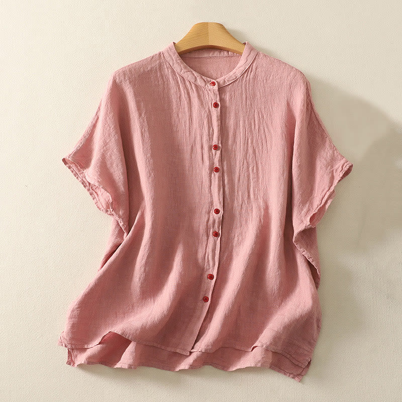 Buddha Stones Summer Plain Red Buttons Short Sleeve Women's Cotton Linen Shirt - DarkSalmon - US14,UK/AU18,EU46 (2XL) - image 4