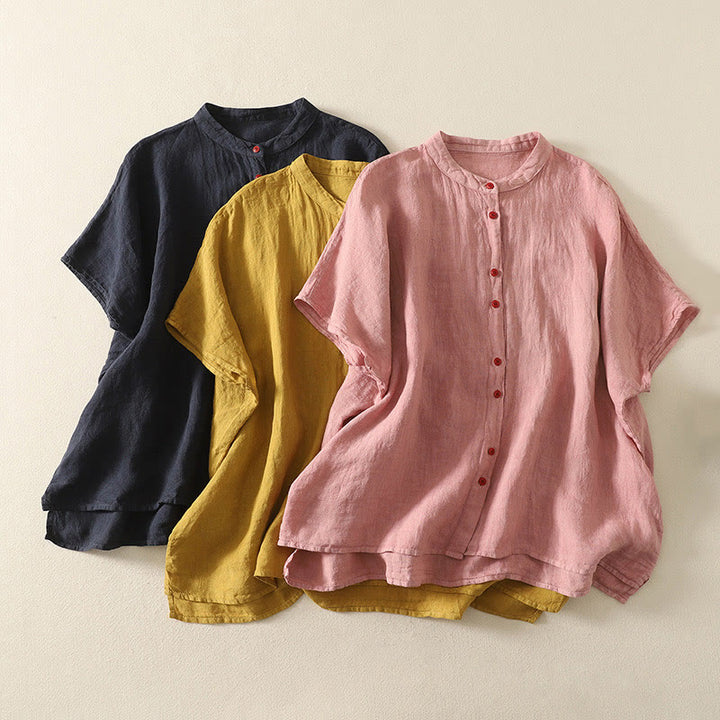 Buddha Stones Summer Plain Red Buttons Short Sleeve Women's Cotton Linen Shirt - image 19