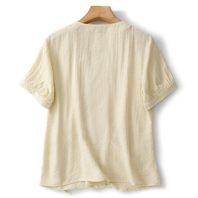 Buddha Stones Plain Asymmetrical Lace-Up Design Puff Short Sleeve Women's Cotton Shirt - image 8