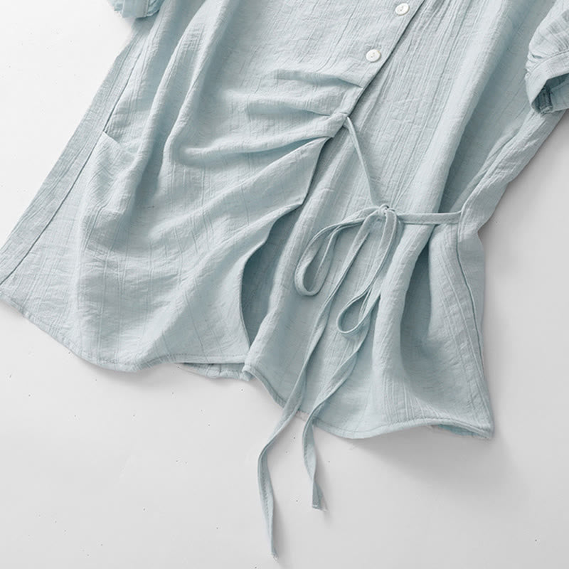 Buddha Stones Plain Asymmetrical Lace-Up Design Puff Short Sleeve Women's Cotton Shirt - image 6