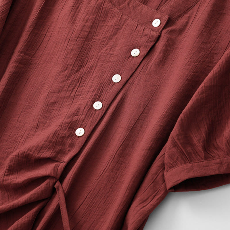 Buddha Stones Plain Asymmetrical Lace-Up Design Puff Short Sleeve Women's Cotton Shirt - image 19