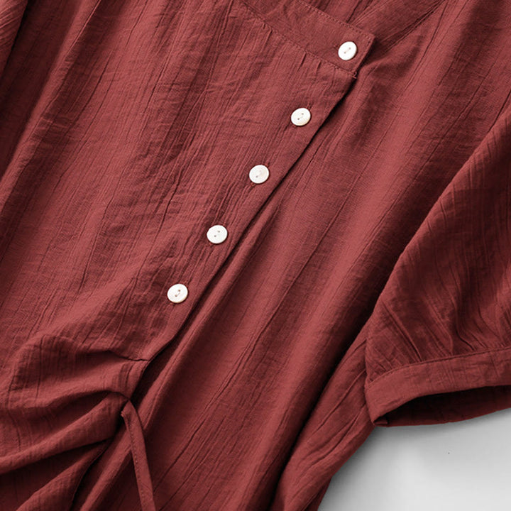 Buddha Stones Plain Asymmetrical Lace-Up Design Puff Short Sleeve Women's Cotton Shirt - image 19