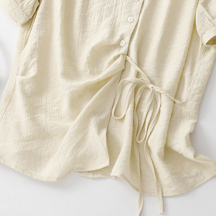 Buddha Stones Plain Asymmetrical Lace-Up Design Puff Short Sleeve Women's Cotton Shirt - image 16