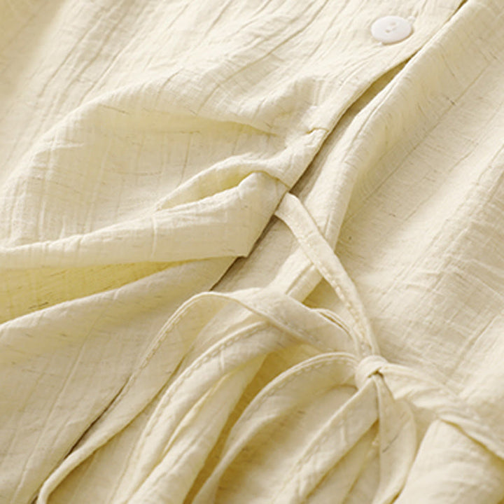 Buddha Stones Plain Asymmetrical Lace-Up Design Puff Short Sleeve Women's Cotton Shirt - image 11