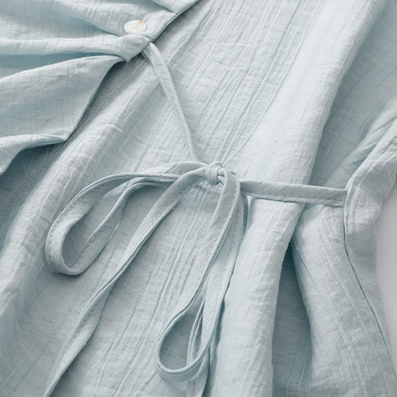 Buddha Stones Plain Asymmetrical Lace-Up Design Puff Short Sleeve Women's Cotton Shirt - image 2