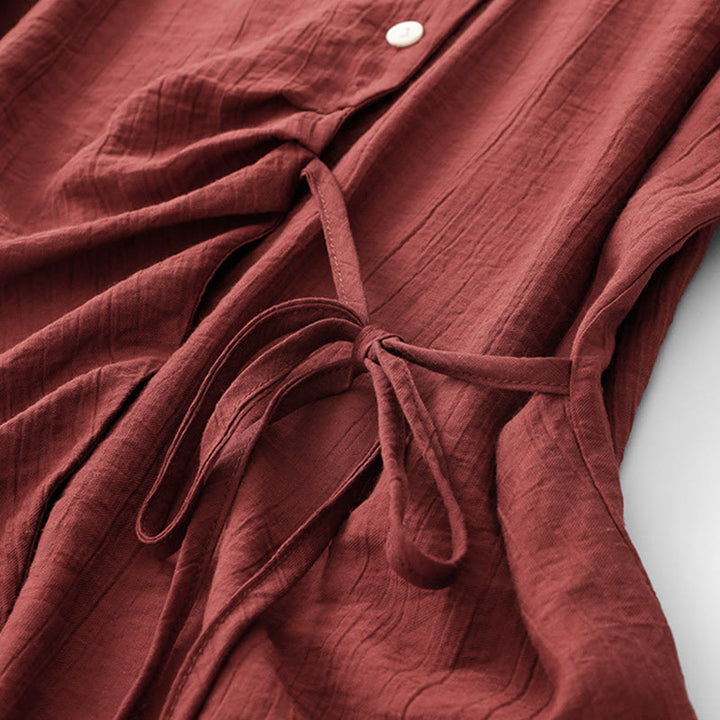 Buddha Stones Plain Asymmetrical Lace-Up Design Puff Short Sleeve Women's Cotton Shirt - image 20