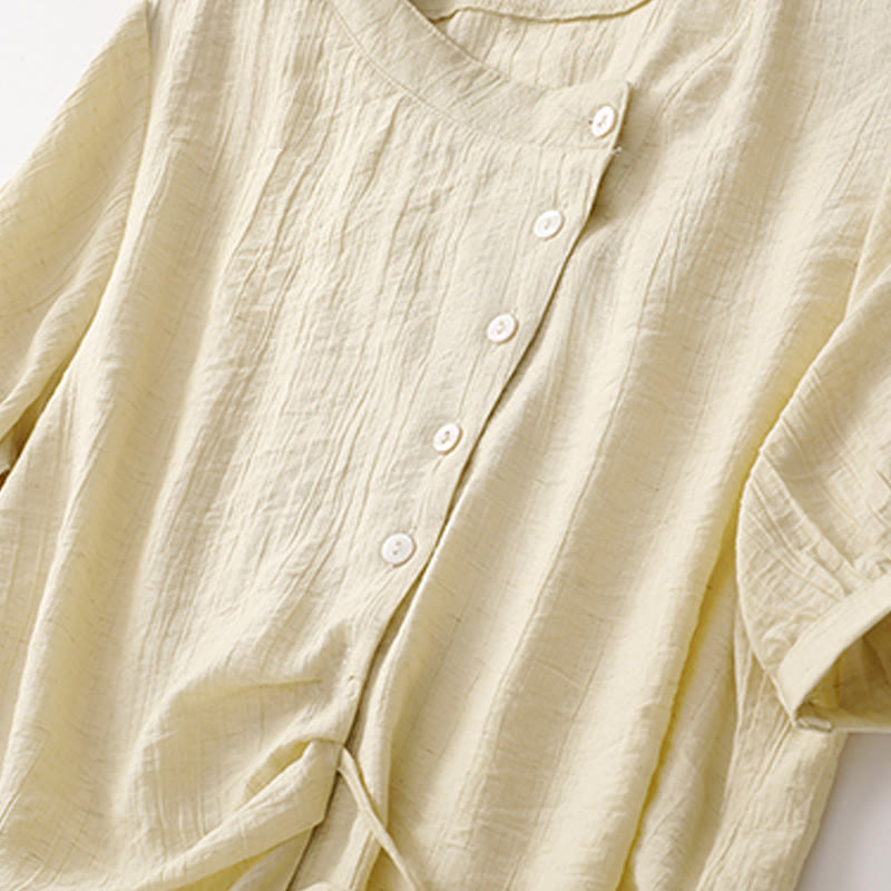 Buddha Stones Plain Asymmetrical Lace-Up Design Puff Short Sleeve Women's Cotton Shirt - image 10