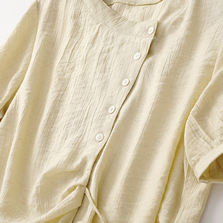 Buddha Stones Plain Asymmetrical Lace-Up Design Puff Short Sleeve Women's Cotton Shirt - image 10