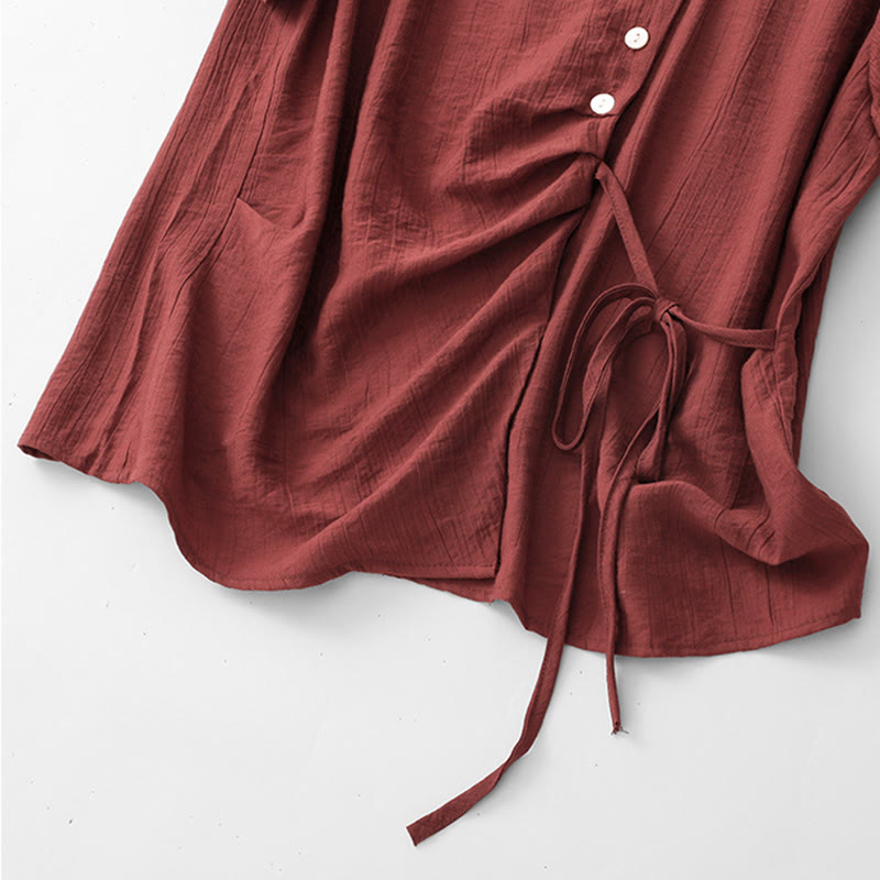 Buddha Stones Plain Asymmetrical Lace-Up Design Puff Short Sleeve Women's Cotton Shirt - image 22