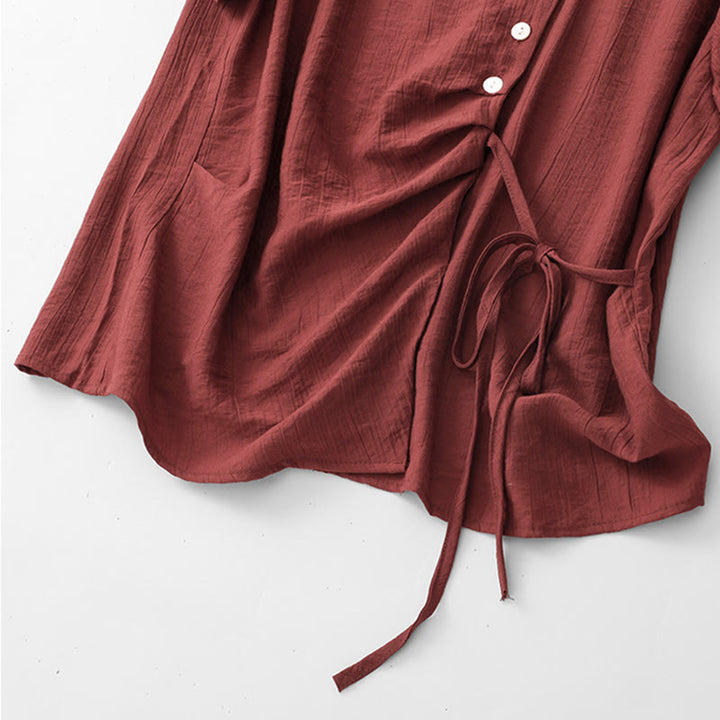 Buddha Stones Plain Asymmetrical Lace-Up Design Puff Short Sleeve Women's Cotton Shirt - image 22