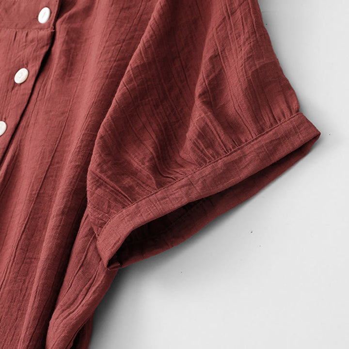 Buddha Stones Plain Asymmetrical Lace-Up Design Puff Short Sleeve Women's Cotton Shirt - image 21