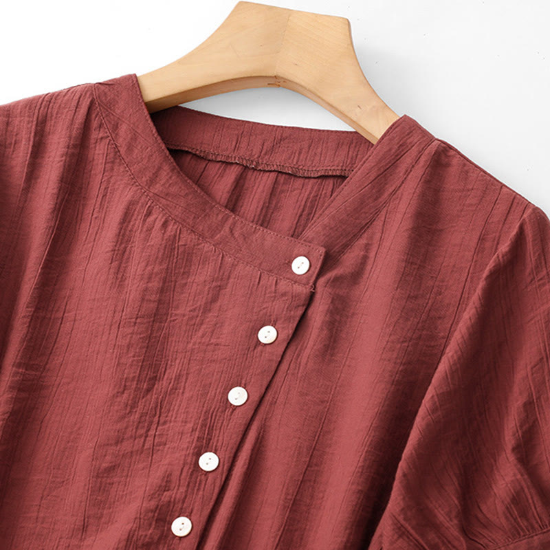 Buddha Stones Plain Asymmetrical Lace-Up Design Puff Short Sleeve Women's Cotton Shirt - image 18