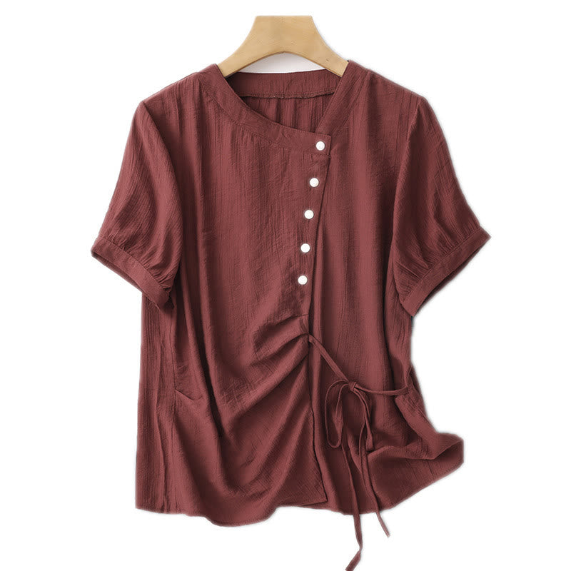 Buddha Stones Plain Asymmetrical Lace-Up Design Puff Short Sleeve Women's Cotton Shirt - image 23