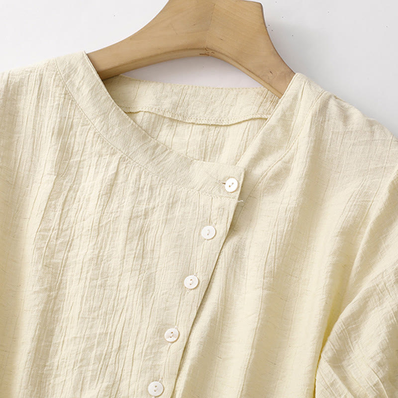 Buddha Stones Plain Asymmetrical Lace-Up Design Puff Short Sleeve Women's Cotton Shirt - image 9