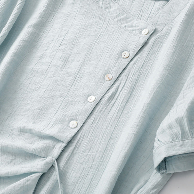 Buddha Stones Plain Asymmetrical Lace-Up Design Puff Short Sleeve Women's Cotton Shirt - image 3