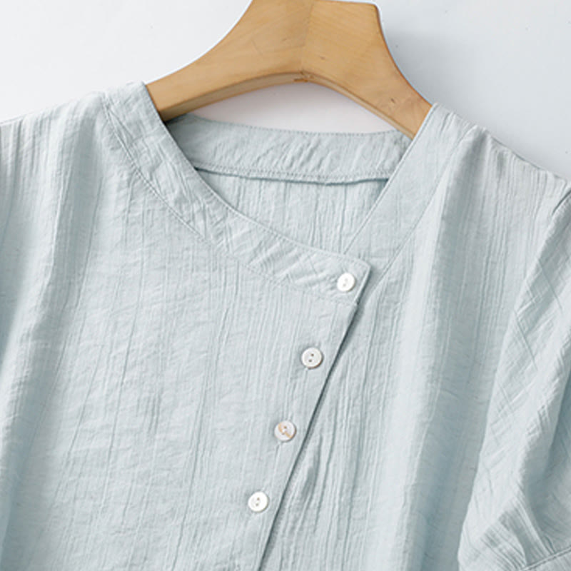 Buddha Stones Plain Asymmetrical Lace-Up Design Puff Short Sleeve Women's Cotton Shirt - image 1