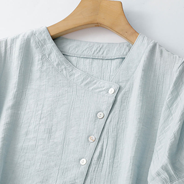 Buddha Stones Plain Asymmetrical Lace-Up Design Puff Short Sleeve Women's Cotton Shirt - image 1