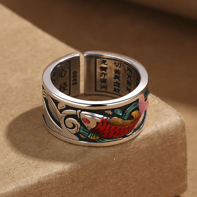 Buddha Stones Blue Enamel Koi Fish Heart Sutra Success Ring - image 2