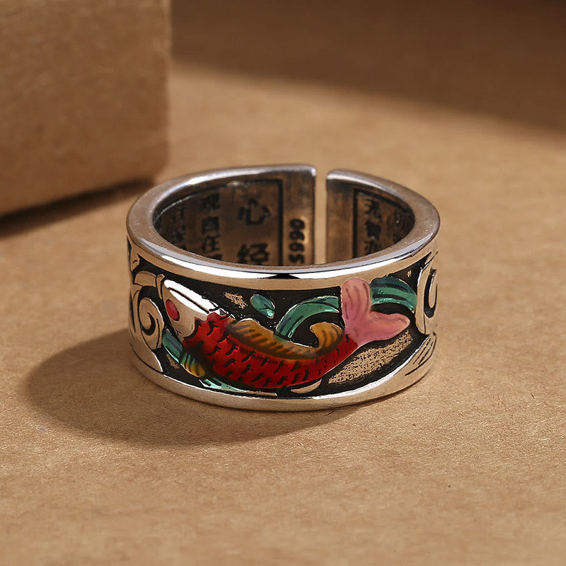 Buddha Stones Blue Enamel Koi Fish Heart Sutra Success Ring - image 1