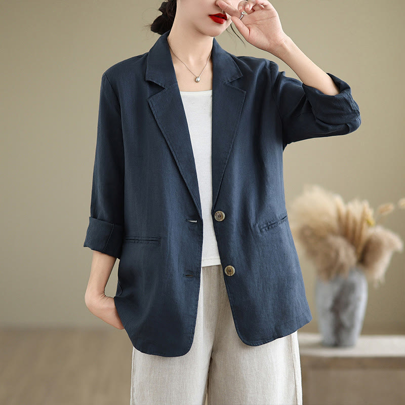 Buddha Stones Spring Solid Color Long Sleeve Cotton Linen Women's Jacket With Pockets - MidnightBlue - US8-10,UK/AU12-14,EU40-42 (2XL) - image 13