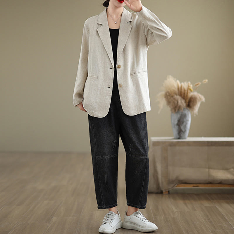 Buddha Stones Spring Solid Color Long Sleeve Cotton Linen Women's Jacket With Pockets - image 3