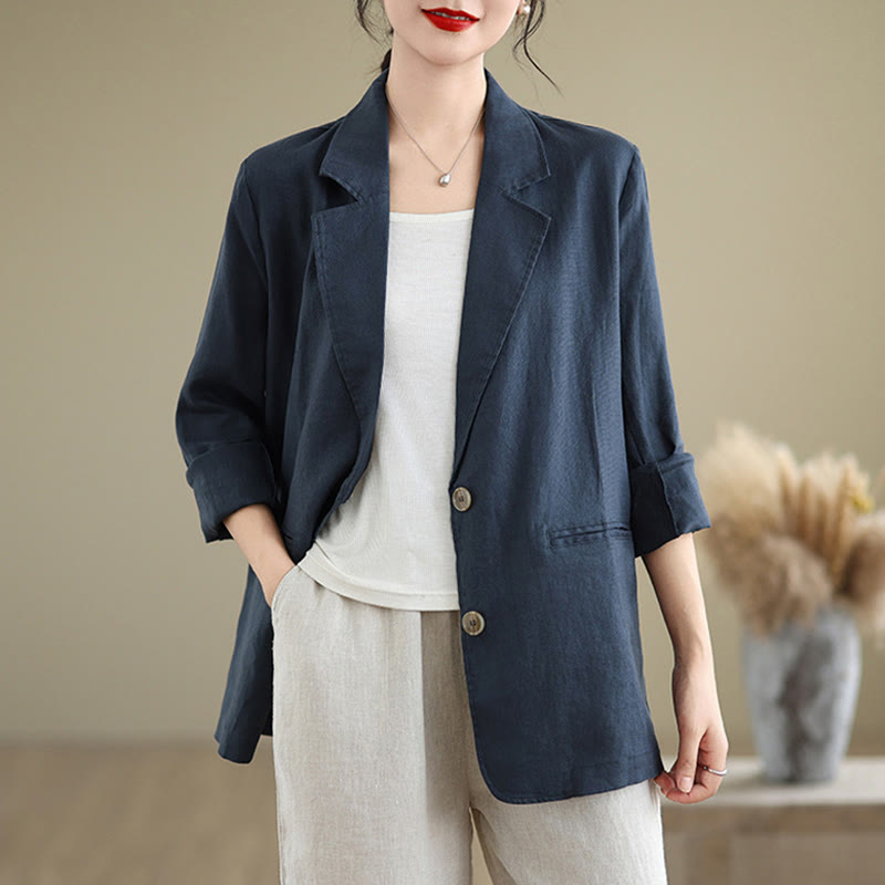 Buddha Stones Spring Solid Color Long Sleeve Cotton Linen Women's Jacket With Pockets - image 14