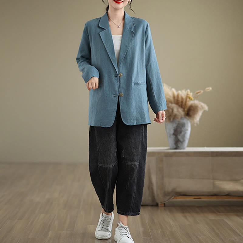 Buddha Stones Spring Solid Color Long Sleeve Cotton Linen Women's Jacket With Pockets - image 11