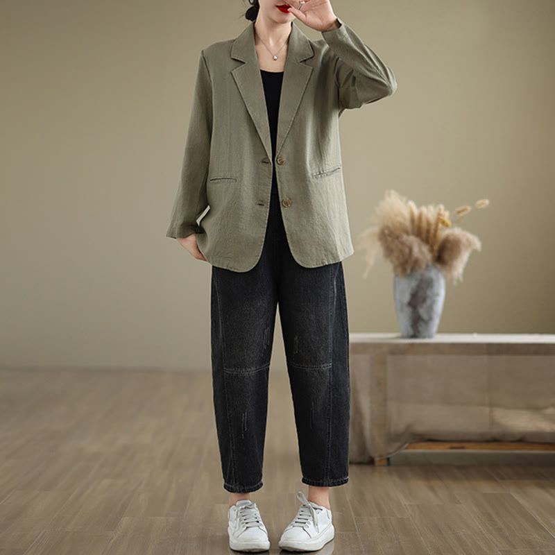 Buddha Stones Spring Solid Color Long Sleeve Cotton Linen Women's Jacket With Pockets - image 26