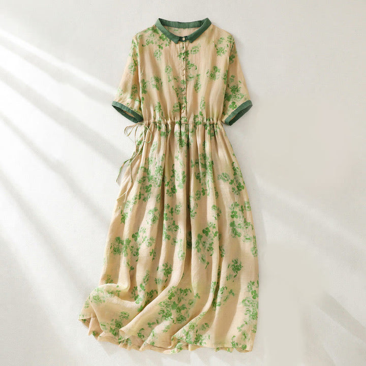 Buddha Stones Printing Buttons Drawstring High Waist Short Sleeve Cotton Midi Dress With Pockets - LightGoldenrodYellow - US8-10,UK/AU12-14,EU40-42 (2XL) - image 7