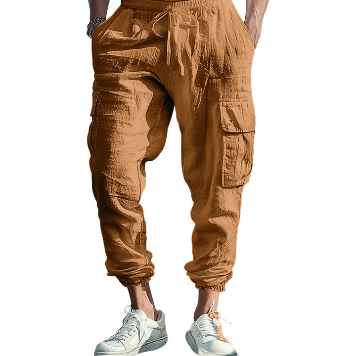 Buddha Stones Solid Color Linen Drawstring Men's Cargo Pants With Pockets - SandyBrown - US/UK/AU46,EU56 (3XL) - image 30