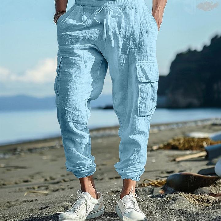 Buddha Stones Solid Color Linen Drawstring Men's Cargo Pants With Pockets - LightSkyBlue - US/UK/AU46,EU56 (3XL) - image 7