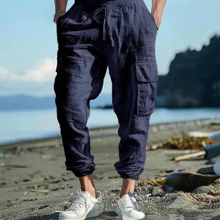 Buddha Stones Solid Color Linen Drawstring Men's Cargo Pants With Pockets - SteelBlue - US/UK/AU46,EU56 (3XL) - image 28