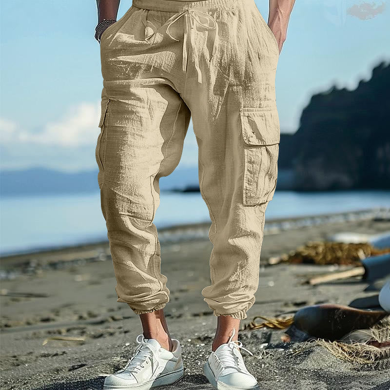 Buddha Stones Solid Color Linen Drawstring Men's Cargo Pants With Pockets - Wheat - US/UK/AU46,EU56 (3XL) - image 21