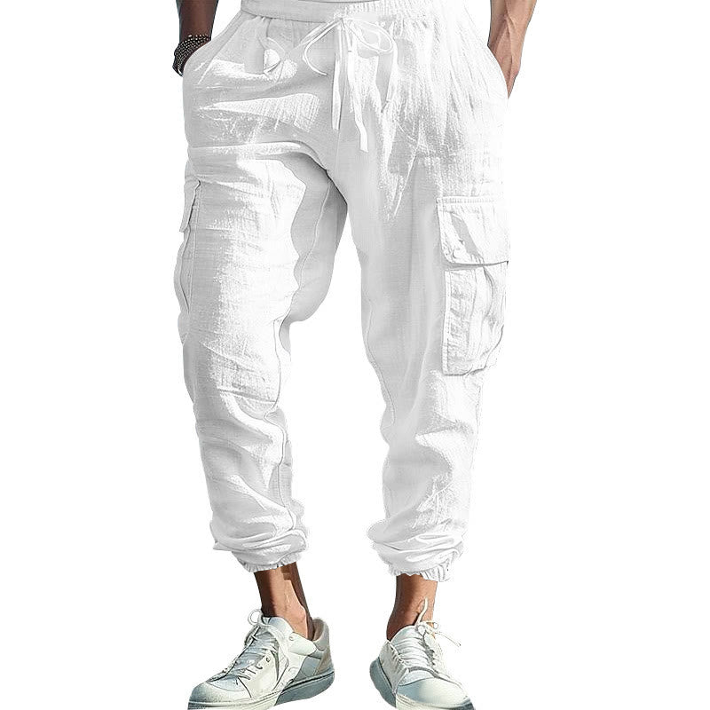 Buddha Stones Solid Color Linen Drawstring Men's Cargo Pants With Pockets - image 31