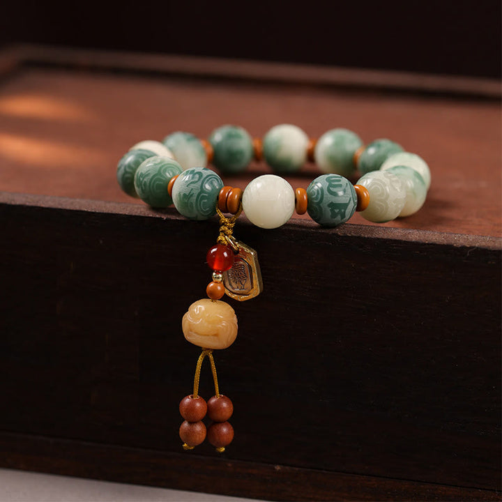 Buddha Stones Gradient Bodhi Seed Om Mani Padme Hum Carved Zakiram Peace Bracelet - Bodhi Seed & Zakiram(Wrist Circumference:15-16cm) - image 0