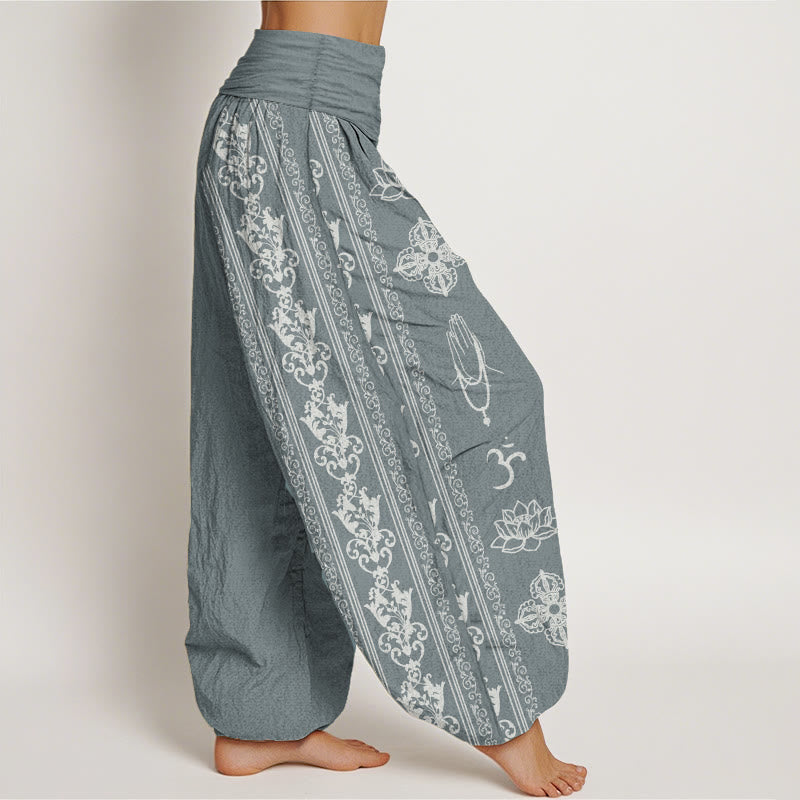 Buddha Stones Pure Cotton Lotus Flowers Double Dorje Vajra Namaste Om Design Women's Elastic Waist Harem Pants - image 7